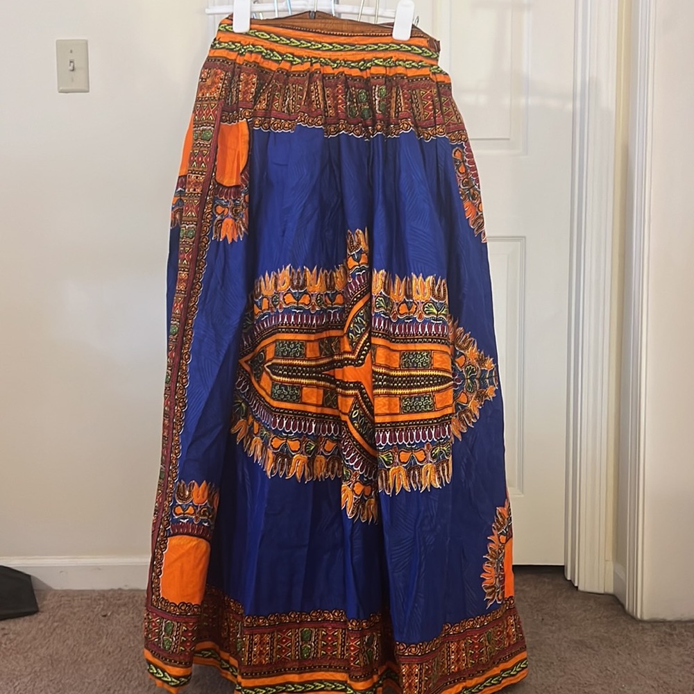 Laviye brand blue/orange/yellow African print maxi skirt with pockets
